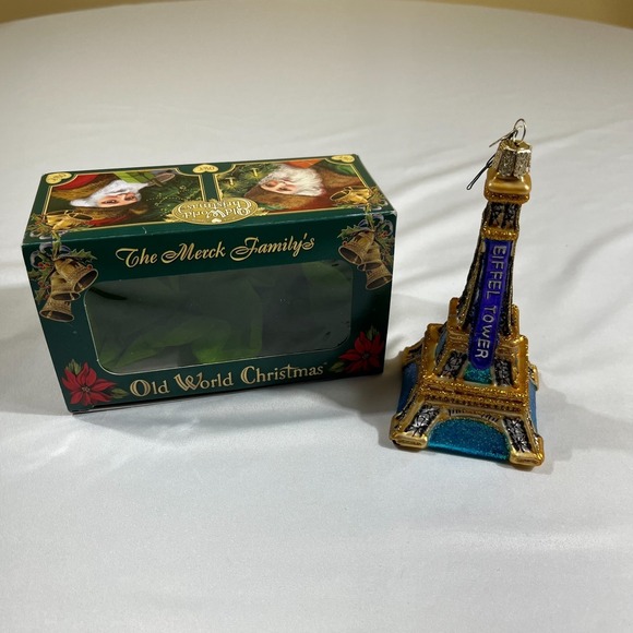 Old World Christmas Eiffel Tower Glass Ornament Merck Family Paris Travel Boxed